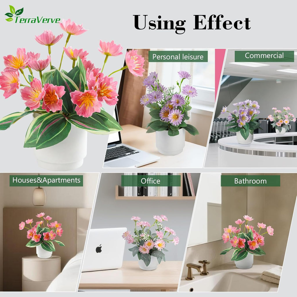 Boho Style 4-Piece Silk Flower Arrangement | Realistic Artificial Plants with Vase | Daisy & Lily Pots | No Maintenance Required