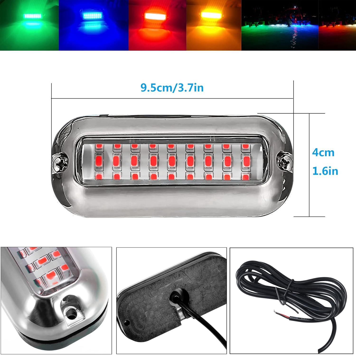 2Pcs Red Marine Boat LED Lights,27 LEDs Waterproof IP68 Stainless Steel Boat Deck Dock Pontoon Transom Yacht Trailer Stern Navigation Interior Lights,1200LM