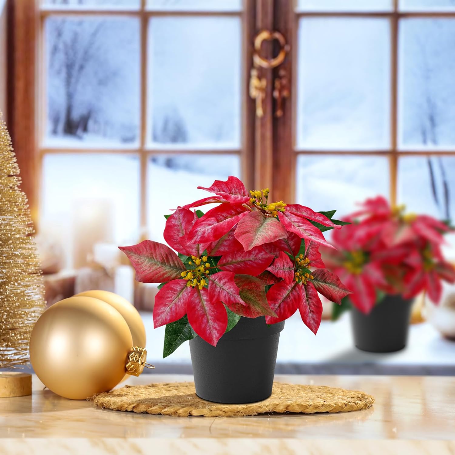 Poinsettias Artificial Christmas Flowers Tabletop 2 Pack Small Poinsettia Plant Artificial 9 Inch Red Faux Winter Flowers for Xmas Ornament Porch Home Garden Decorations
