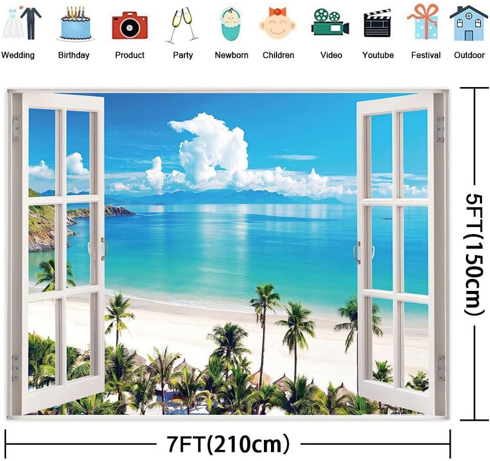 Summer Beach Window Backdrop, Hawaii Tropical Island Palm Leaves Ocean Photography Backdrop, Wedding Pictures Birthday Party Backdrop Photo Booth Props, 7X5FT