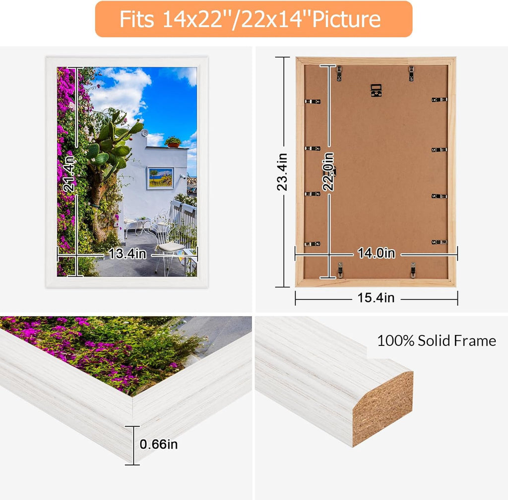 14x22 Wood Frame White, Modern Natural Woodgrain 22x14in Picture Frame, Rustic Wooden 14 x 22 inch Gallery Wall Photo Poster Frame with HD Plexiglass, Horizontal Vertical Wall Mounting Display 1pcs