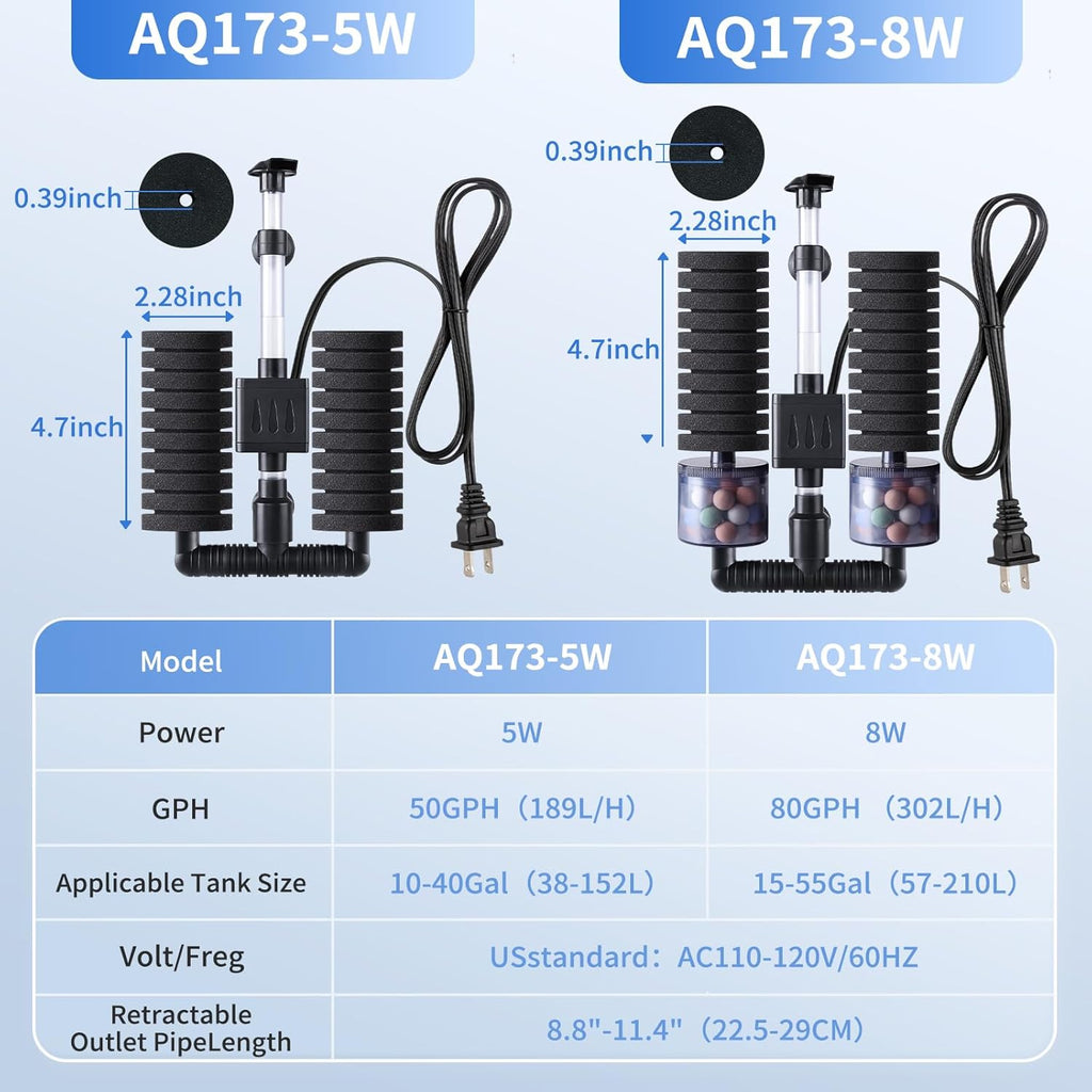 AQQA Aquarium Filter Submersible Internal Power Filter with Multi-Stage Filtration for Freshwater & Saltwater Fish Tanks, Quiet Electric Pump for 10-40 Gallon (110V/60Hz)