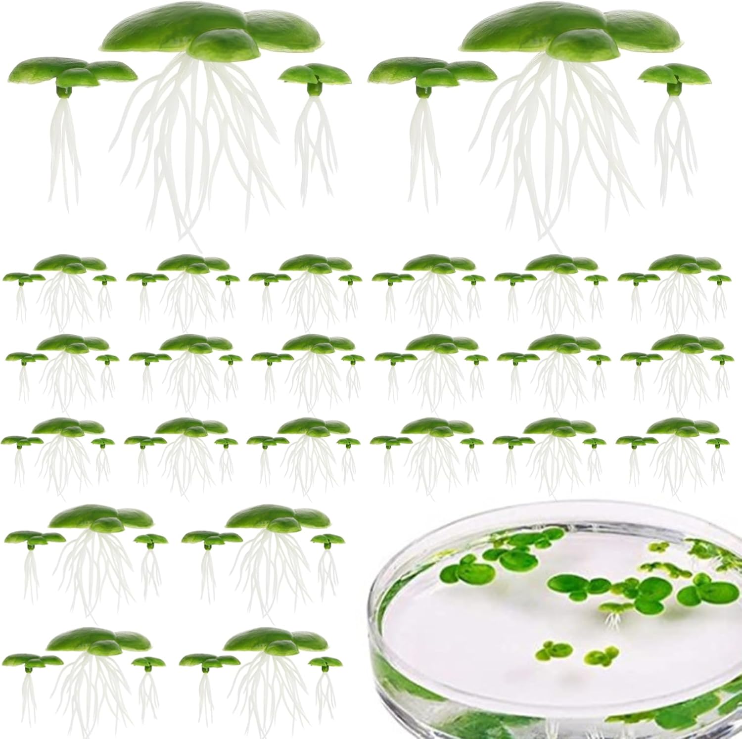 72Pcs Duckweed, Plastic Fake Pond Plants with Leaves & Roots, Floating Aquarium Plants for Indoor, Outdoor Floating Aquarium Fake Pond Weed