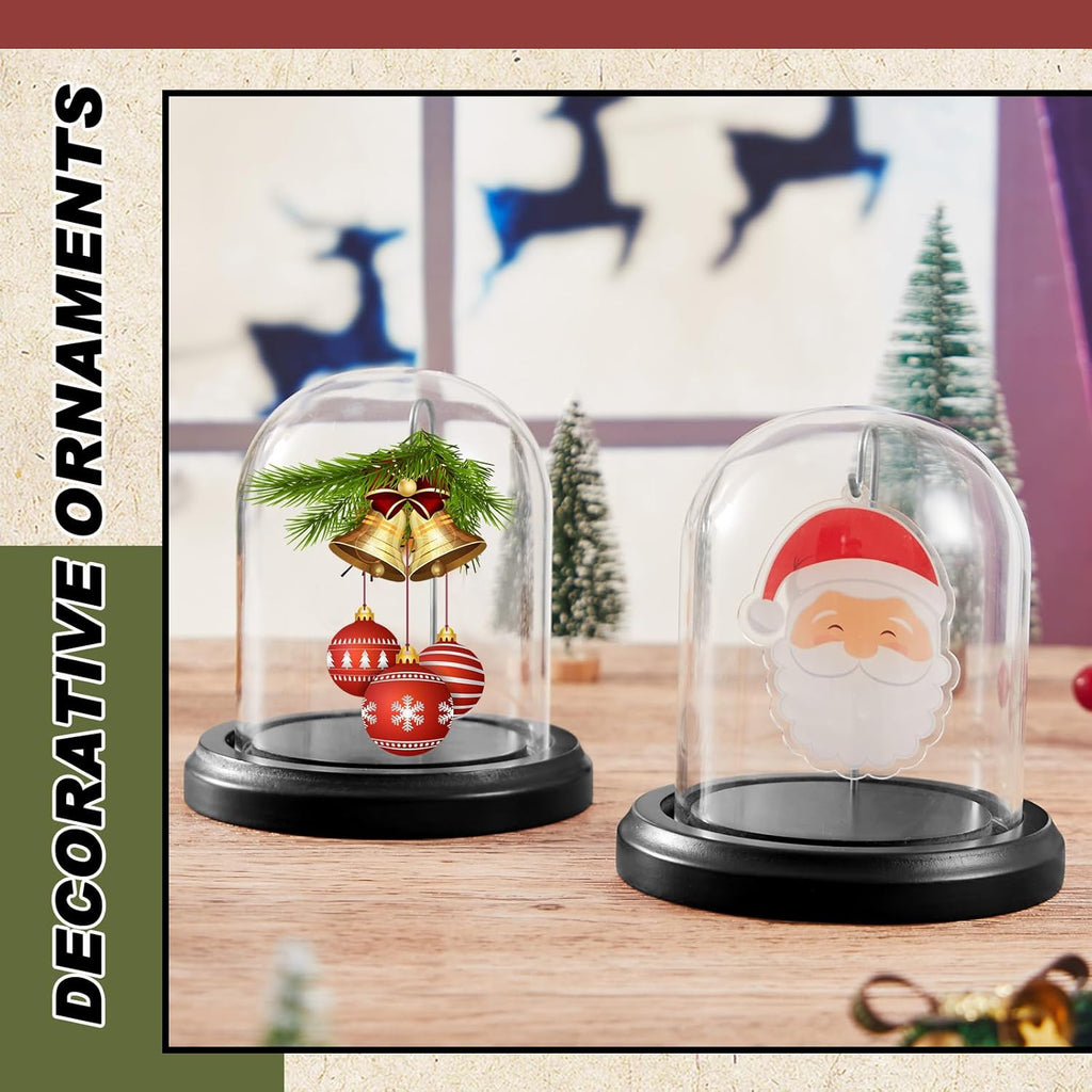 2 Pcs Pocket Watch Glass Display with Hooks Dome Cloche with Wood Base Decorative Glass Display Dome Showcase for Watch Plants Medals Photos Collectibles Dark MDF Base(3" X 4",Silver Hook)