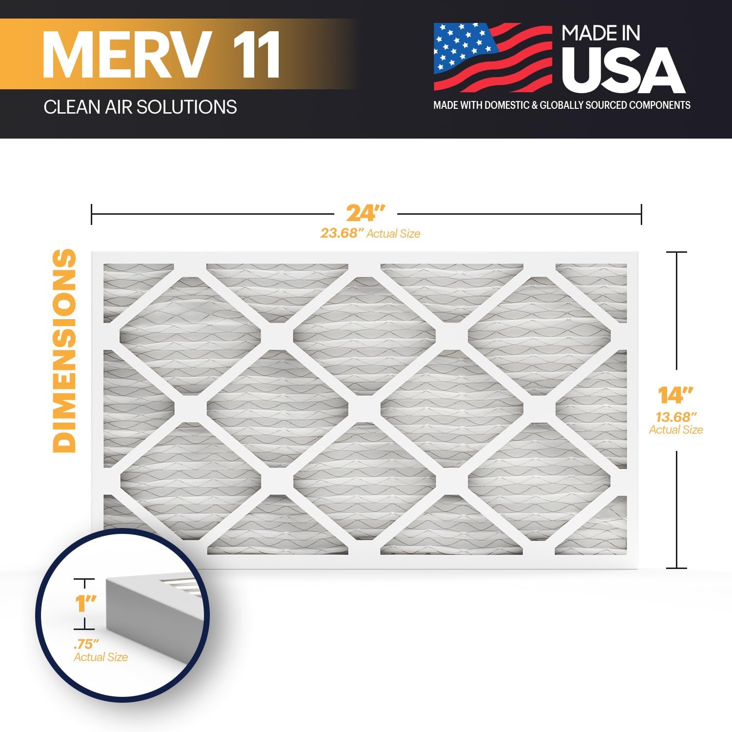 BNX TruFilter 14x24x1 Air Filter MERV 11 (6-Pack) - MADE IN USA - Allergen Defense Electrostatic Pleated Air Conditioner HVAC AC Furnace Filters for Allergies, Dust, Pet, Smoke, Allergy MPR 1200 FPR 7