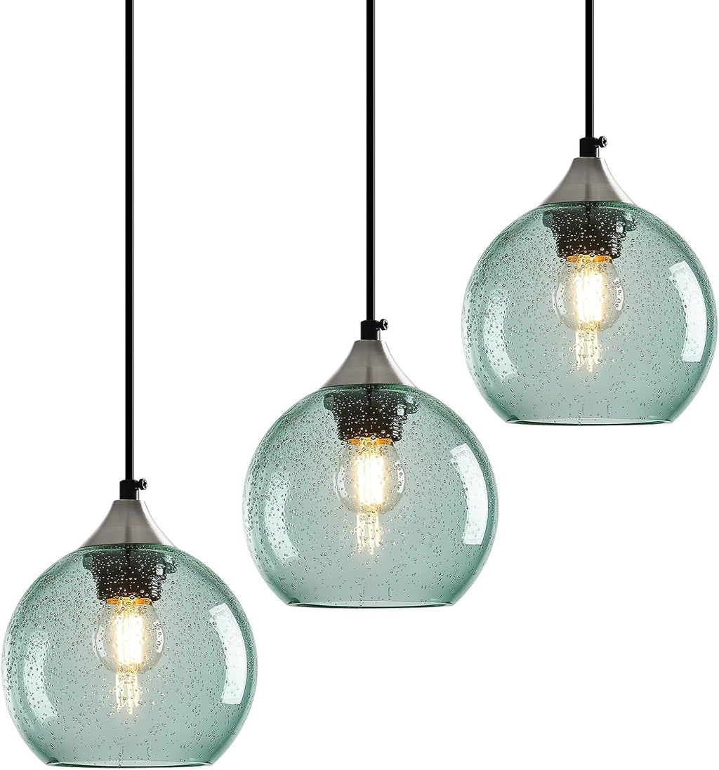 Light Green Glass Pendant Lights Kitchen Island Globe Pendant Light Fixtures Modern Pendant Lighting for Bedroom Living Dining Room Light Fixture (5.9 in, 3 Pack)