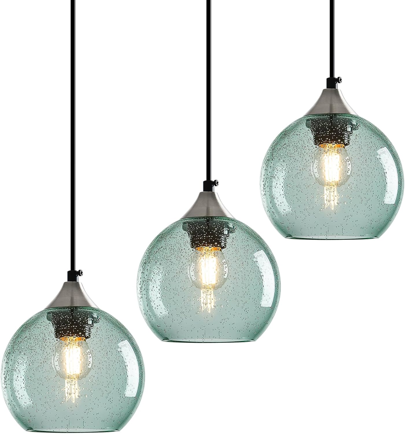 Light Green Glass Pendant Lights Kitchen Island Globe Pendant Light Fixtures Modern Pendant Lighting for Bedroom Living Dining Room Light Fixture (5.9 in, 3 Pack)