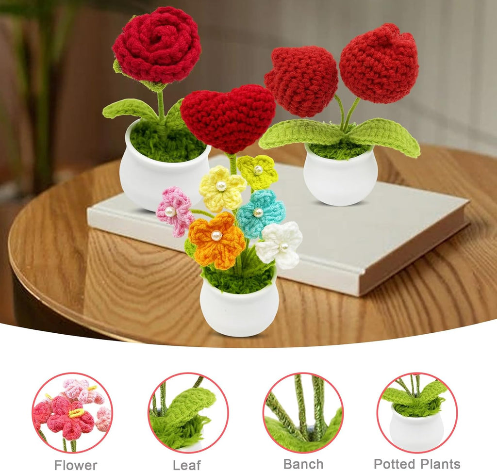 3pcs Crochet Flowers Cute Potted Flower,Mini Flower Bouquet for Mom Wife, Cute Desk Decor for Women,Artificial Handmade Flowers for Car Dashboard,Home Office Decoration (Color#7)