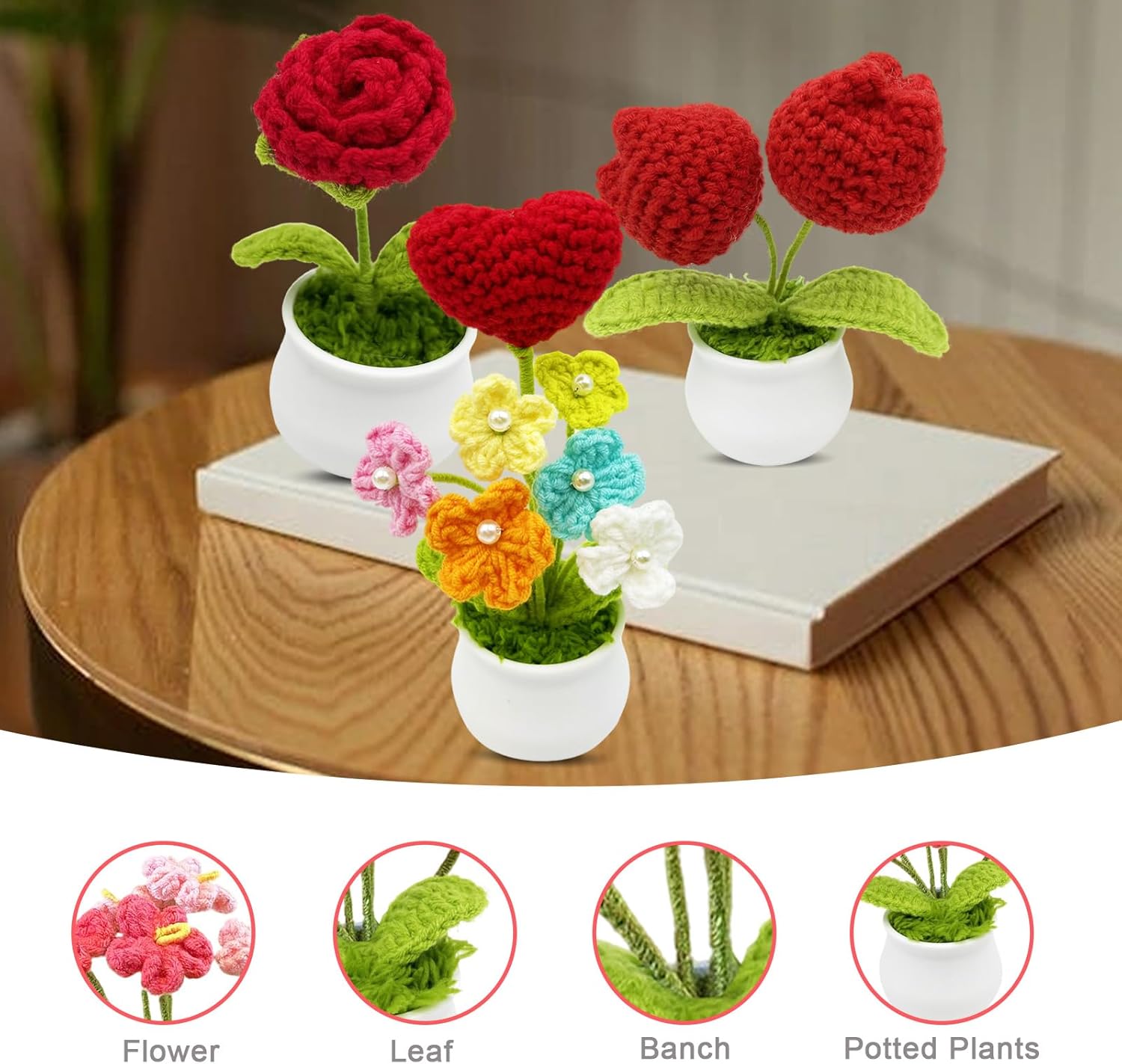 3pcs Crochet Flowers Cute Potted Flower,Mini Flower Bouquet for Mom Wife, Cute Desk Decor for Women,Artificial Handmade Flowers for Car Dashboard,Home Office Decoration (Color#7)