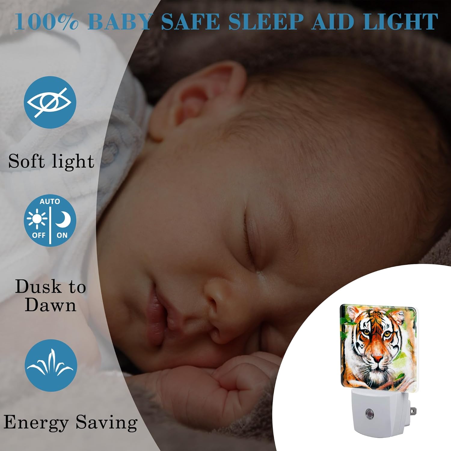 Plug in Night Lights Oil Painting Tiger in Jungle Nightlight Plug Into Wall Dusk to Dawn Sensor LED Night Light for Kid Girls Boys Women Room Decor,Hallway,Kitchen,Bathroom,Nursery,Stairs