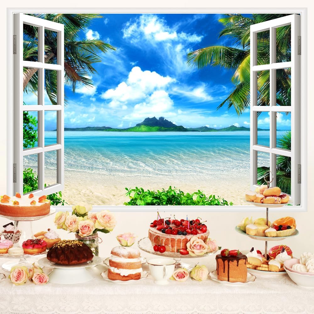 Beach Backdrop,Tropical Seaside Summer Hawaii Photography Backdrops,Natural Scenery Blue Sky White Clouds Photo Booth Wedding Luau Themed Party Party Decoration Background Studio Photo Props 5X3FT