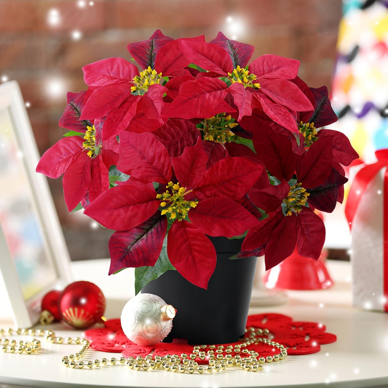 Poinsettia Artificial Red Christmas Flowers 14Inch Faux Poinsettia Plant Winter Flowers for Indoor Outdoor Xmas Ornament Porch Home Garden Decorations