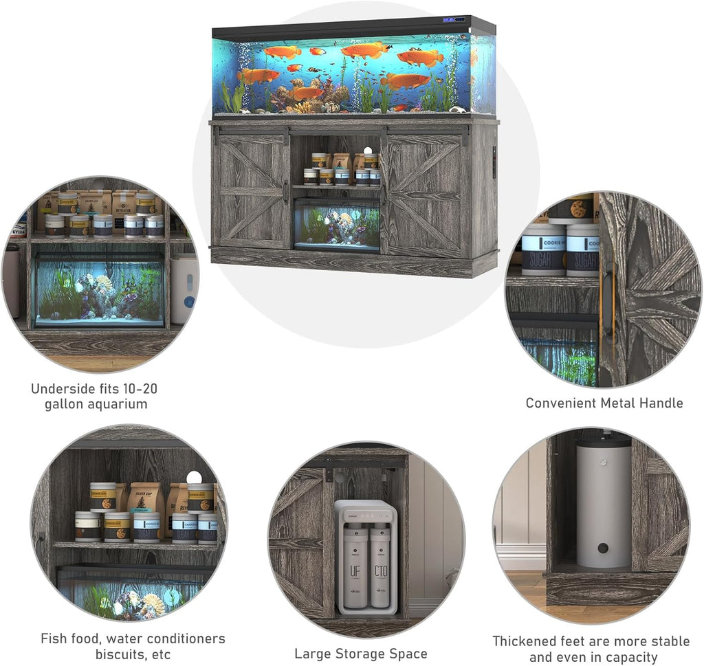 Farmhouse 75-120 Gallon Fish Tank Stand with Power Outlet, Aquarium Stand w/Cabinet&Sliding Barn Door, Heavy Duty Reptile Tank Stand for Fish/Turtle/Reptile Terrarium, 1000LB Capacity, Grey