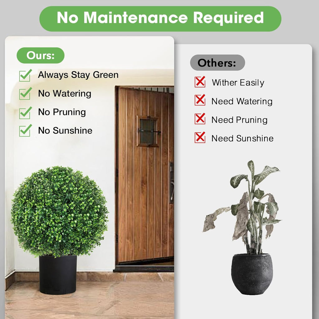 25.6" Artificial Boxwood Topiary Ball Trees: 2 Pack Fake Shrubs with Spike – UV Resistant & Fade Resistant Faux Bushes, Evergreen Artificial Plants for Outdoor Indoor Front Porch Garden