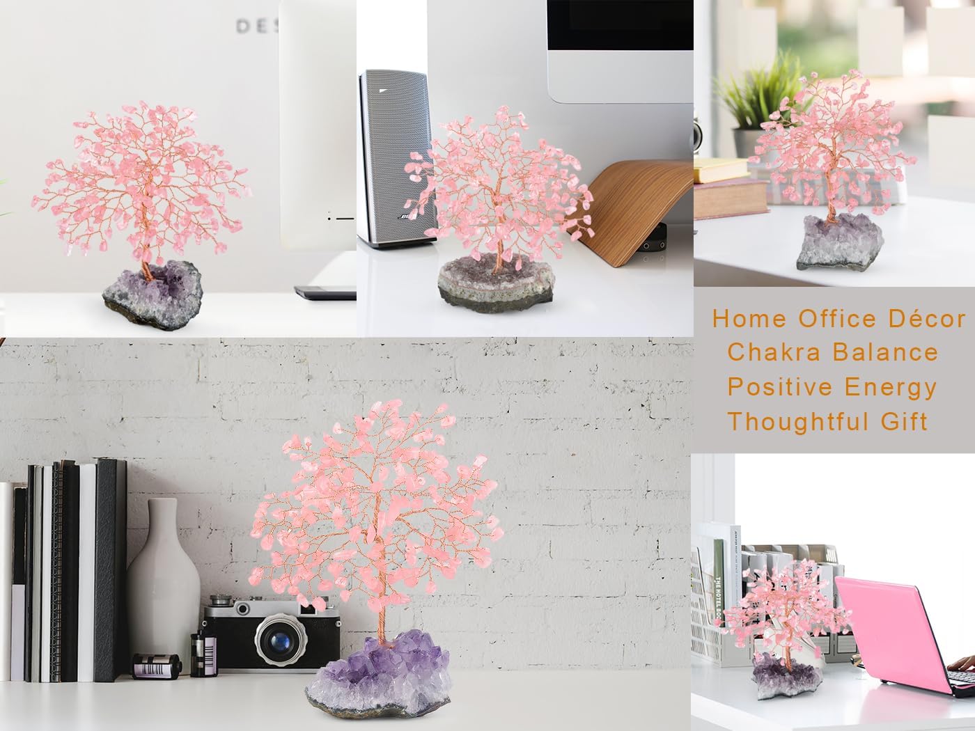 Natural Rose Quartz Gemstone Crystal Tree of Life, Amethyst Cluster Base,Feng Shui Decor Bonsai Money Tree,Healing Crystal Positive Energy Gift Size 5.5-6.3 Inches