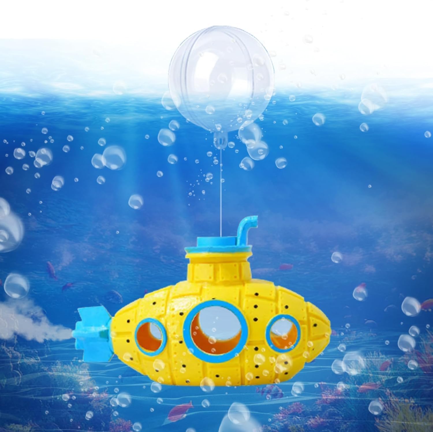 Yellow Floating Submarine Ornament for Fish Tank - Cute Retro Style Resin Decor, Safe Tankmate Toy for Betta, Cichlids, Goldfish, Shrimp, Hermit Crabs, Aquarium Accessory