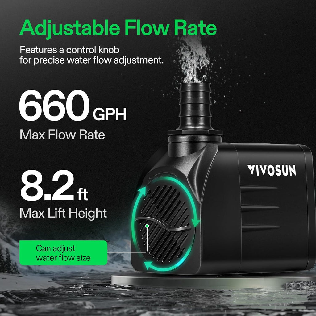 VIVOSUN 660GPH Submersible Water Pump, 2500L/H 35W aquarium pump, Ultra Quiet Fountain Pump with 8.2ft/2.5m High Lift for Fish Tank, Pond, Aquarium, Statuary, Hydroponics
