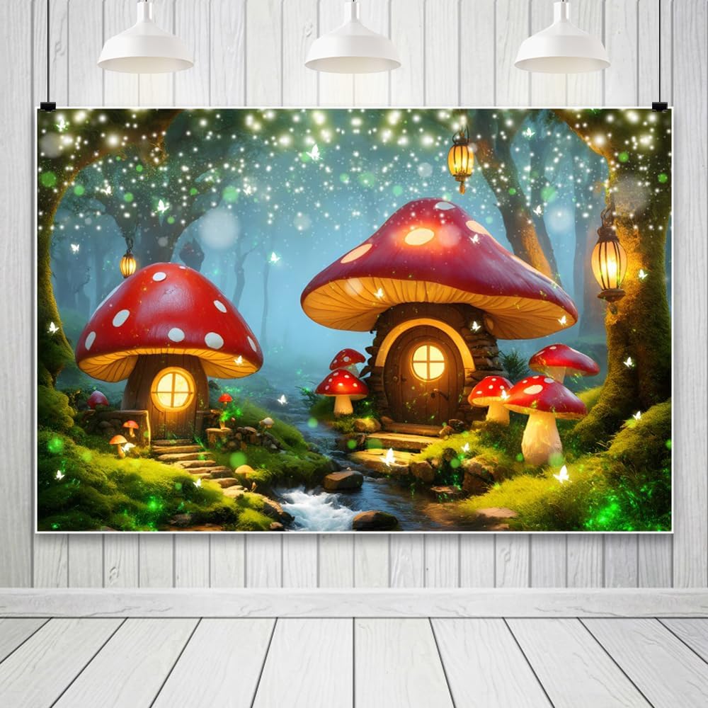AOFOTO 6x4ft Elf Mushroom House Photo Backdrop Fairy Tale Enchanted Forest Photography Background Wonderland Magic Forest Trees Butterfly Girls Princess Kids Birthday Party Decoration Banner Props
