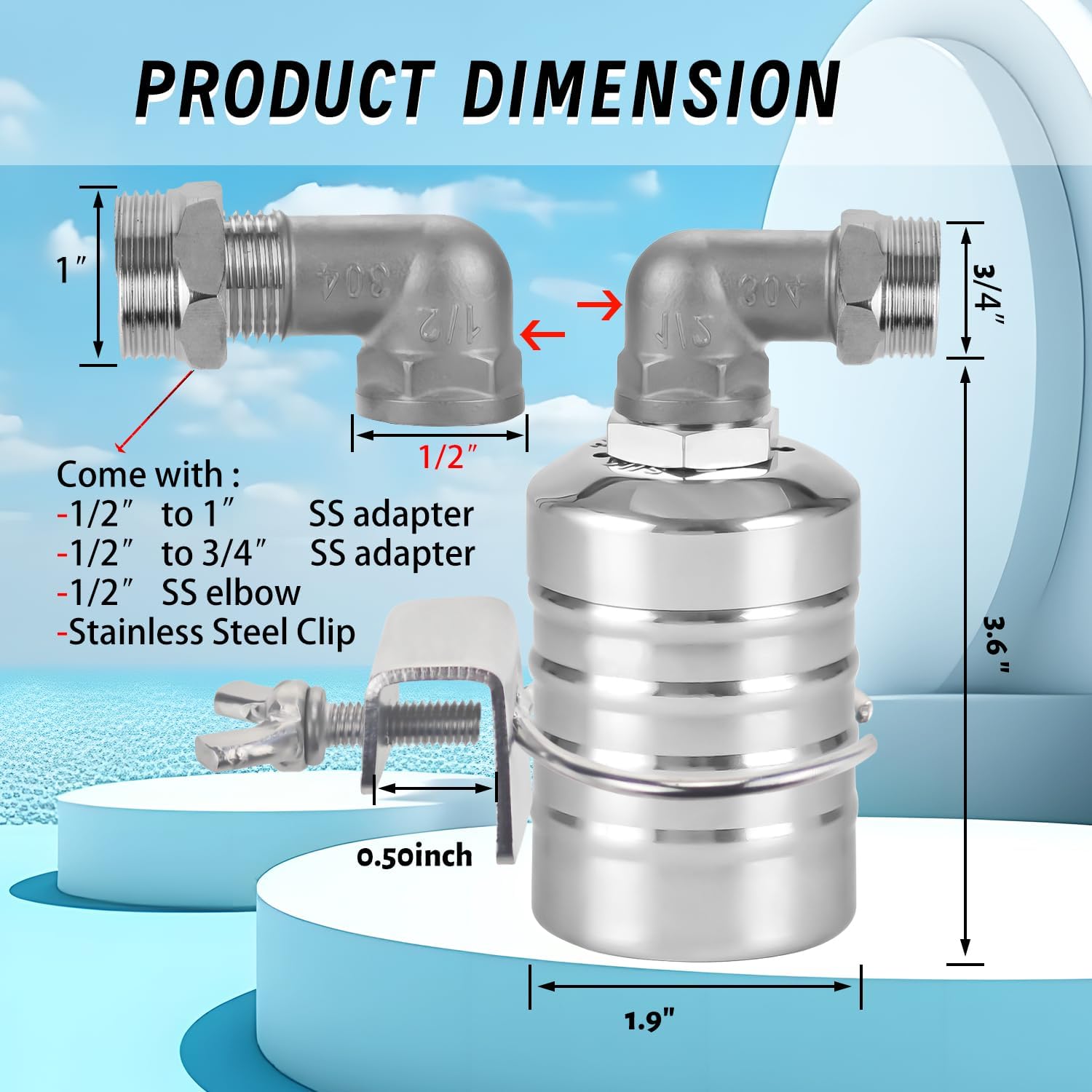 Float Valve, 1/2" to 3/4" 1" 304 Stainless Steel Fully Automatic Water Level Controller, Automatic Water Level Control Float Valve for Water Tank, Livestock Troughs, Pool, Distiller