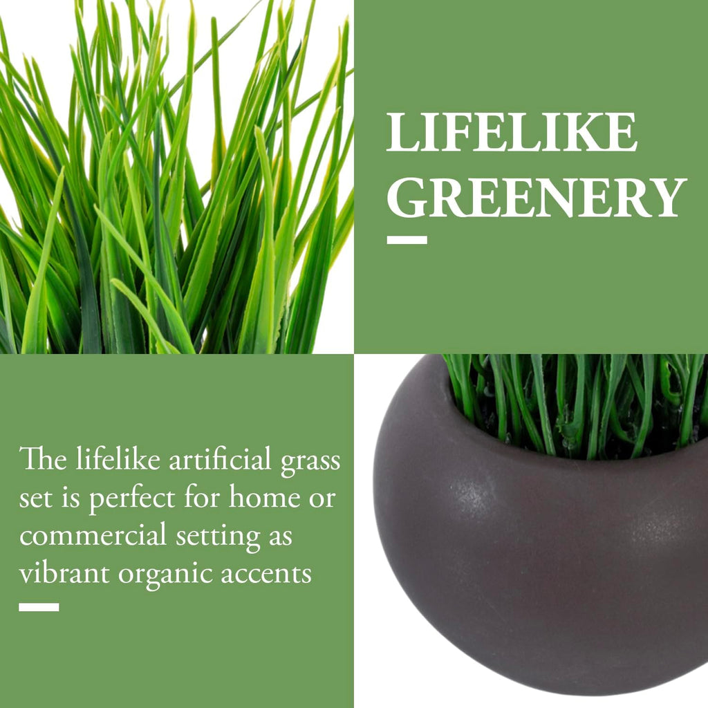 MyGift 7 Inch Tall Modern Mini Artificial Grass Plants in Small Round Brown Ceramic Pots, Decorative Tabletop Faux Greenery Indoor Home Decor, Set of 3
