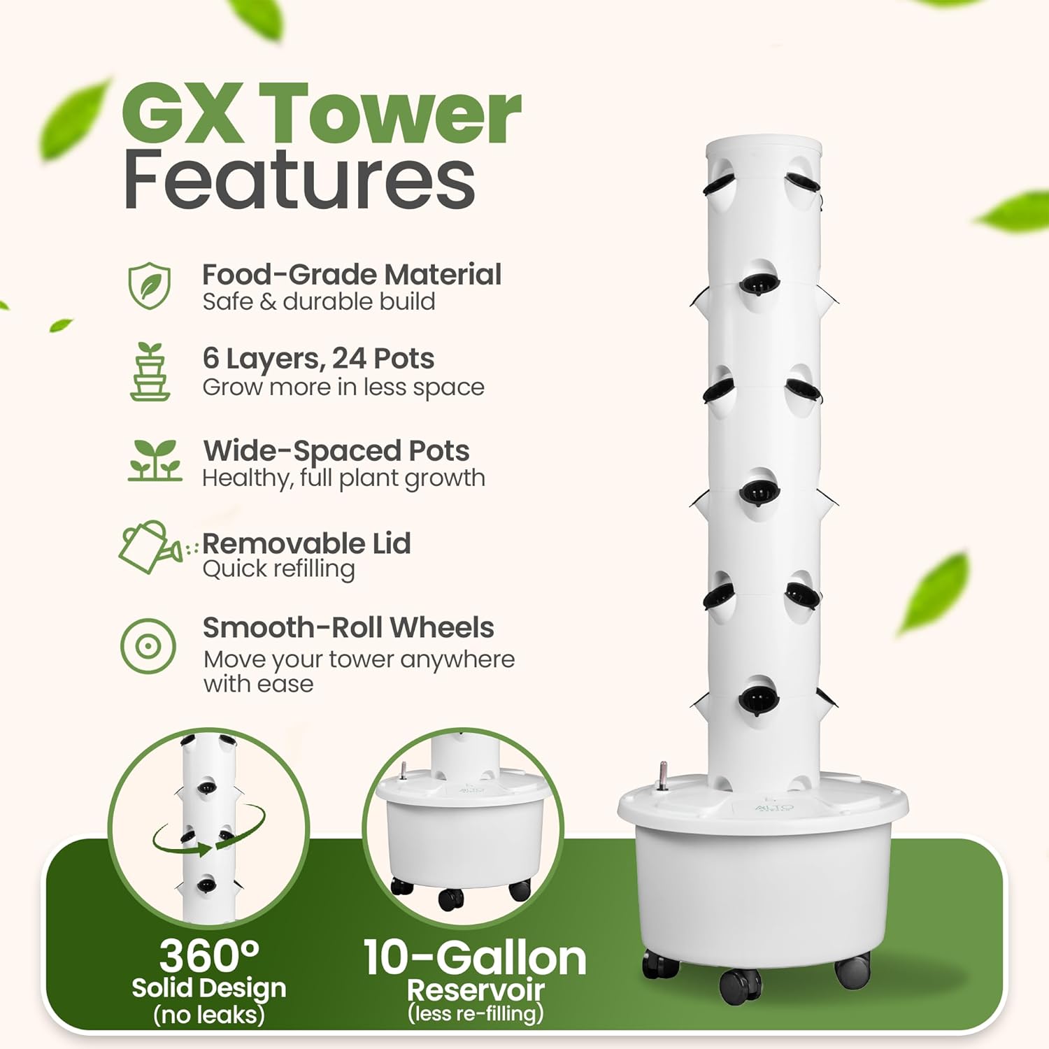 GX Hydroponic Tower | Vertical Planter Tower | Hydroponics Growing System Kit | Food Grade with 24 Net Pots (Without Lights)