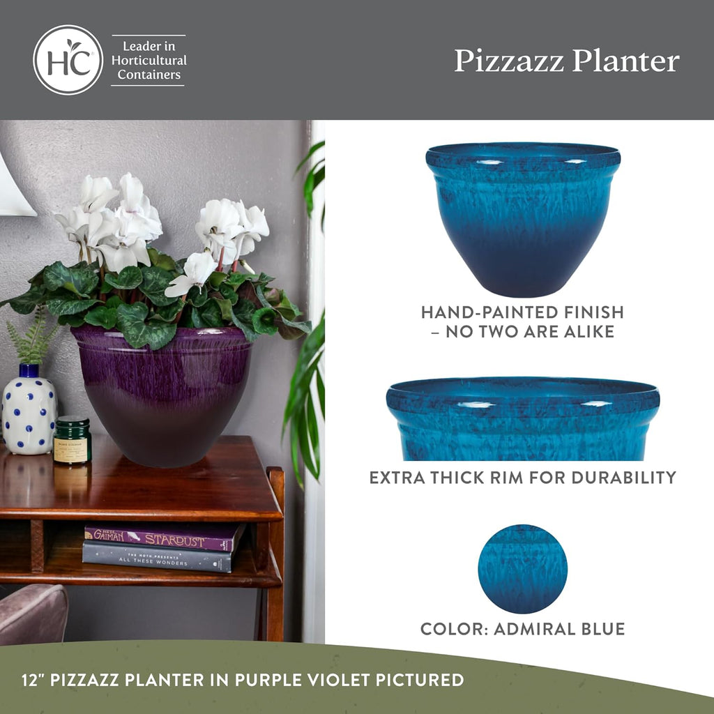 The HC Companies 20 Inch Pizzazz Round Planter Pots with Ceramic Look, Lightweight UV-Resistant Plastic Outdoor Planters, 2-Pack Flower Pots for Garden & Home Decor, Admiral Blue