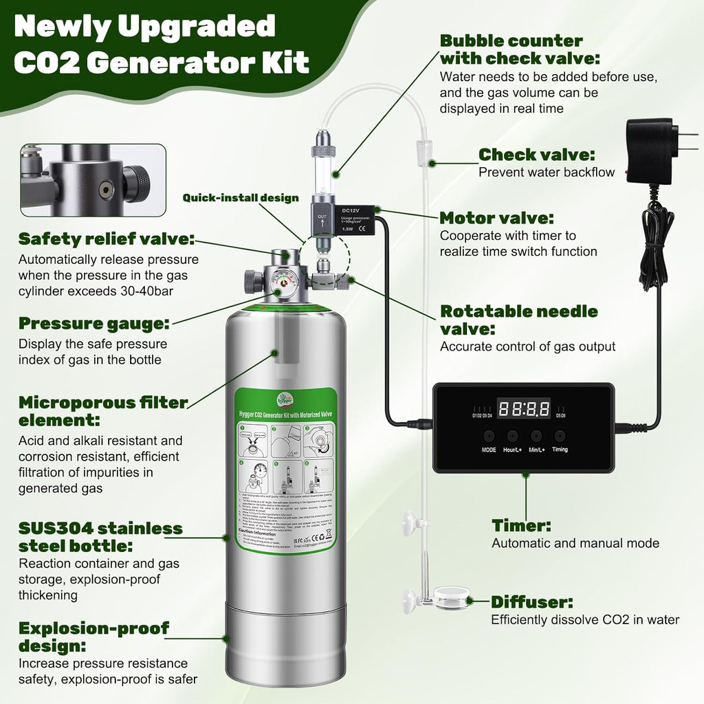 Upgraded 2L/5L Aquarium CO2 Generator System with Timer-Enabled Motor Valve, Upgrade CO2 System Kit with Quick-Release Structure for Aquarium Plants Tanks (2L)