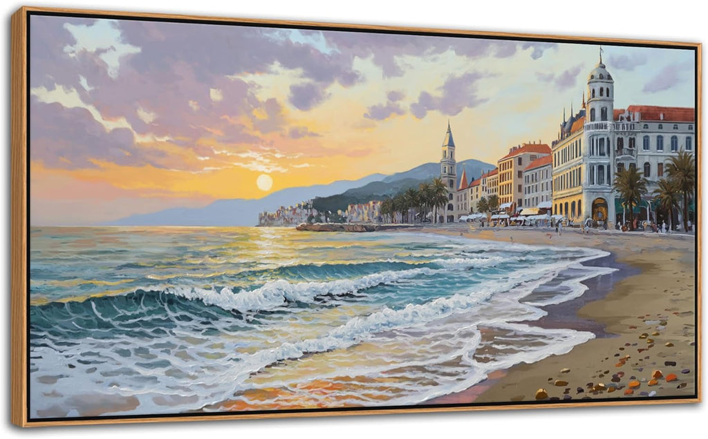 YDYSUNE Beach Wall Decor Framed Large Canvas Coastal Wall Art for Living Room Picture Village Seaside Painting Sunset Coast Artwork for Bedroom, Dining,Office Decoration Size 29x58 Inches