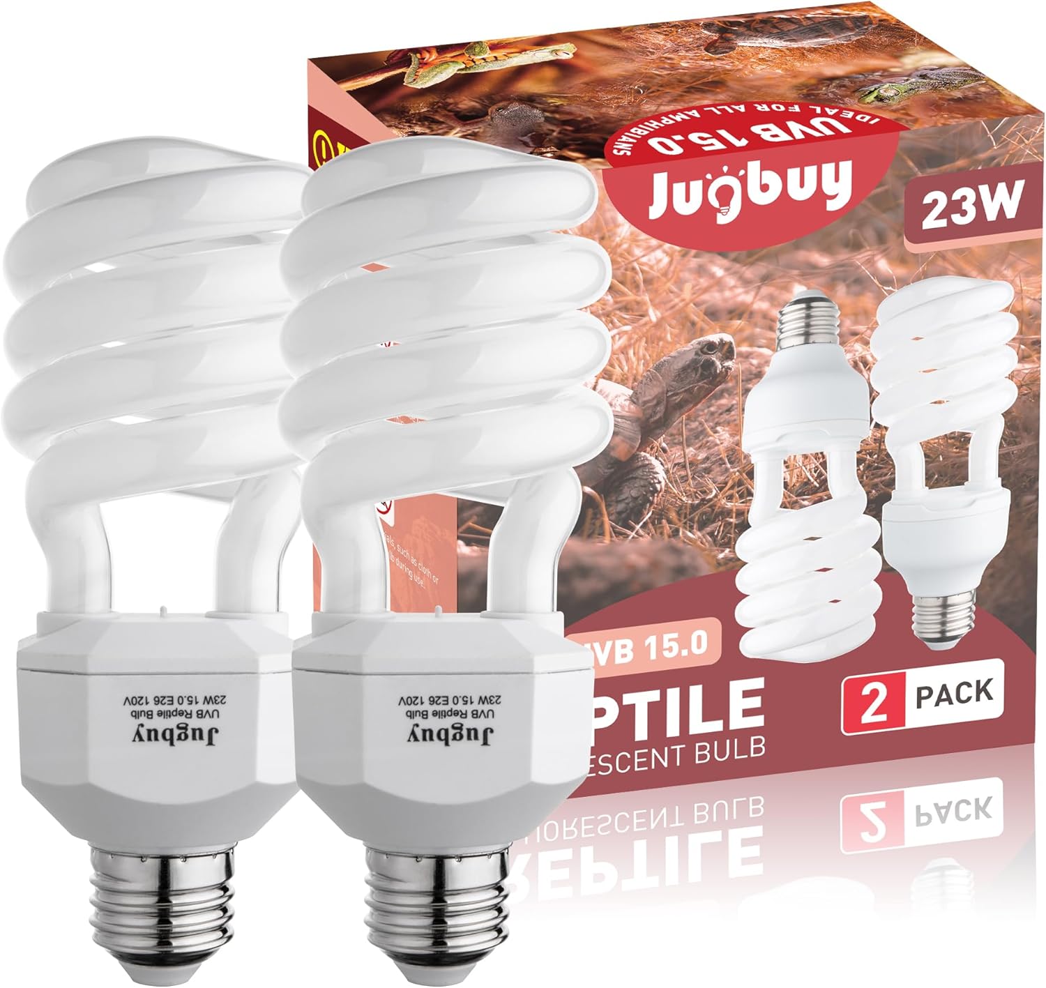 UVB Reptile Light Bulb 15.0, 23W UV Spiral Compact Florescent Terrarium Lamp Ideal for Desert Reptiles & Amphibians Frogs Tortoises Toads Chameleons - 2 Pack