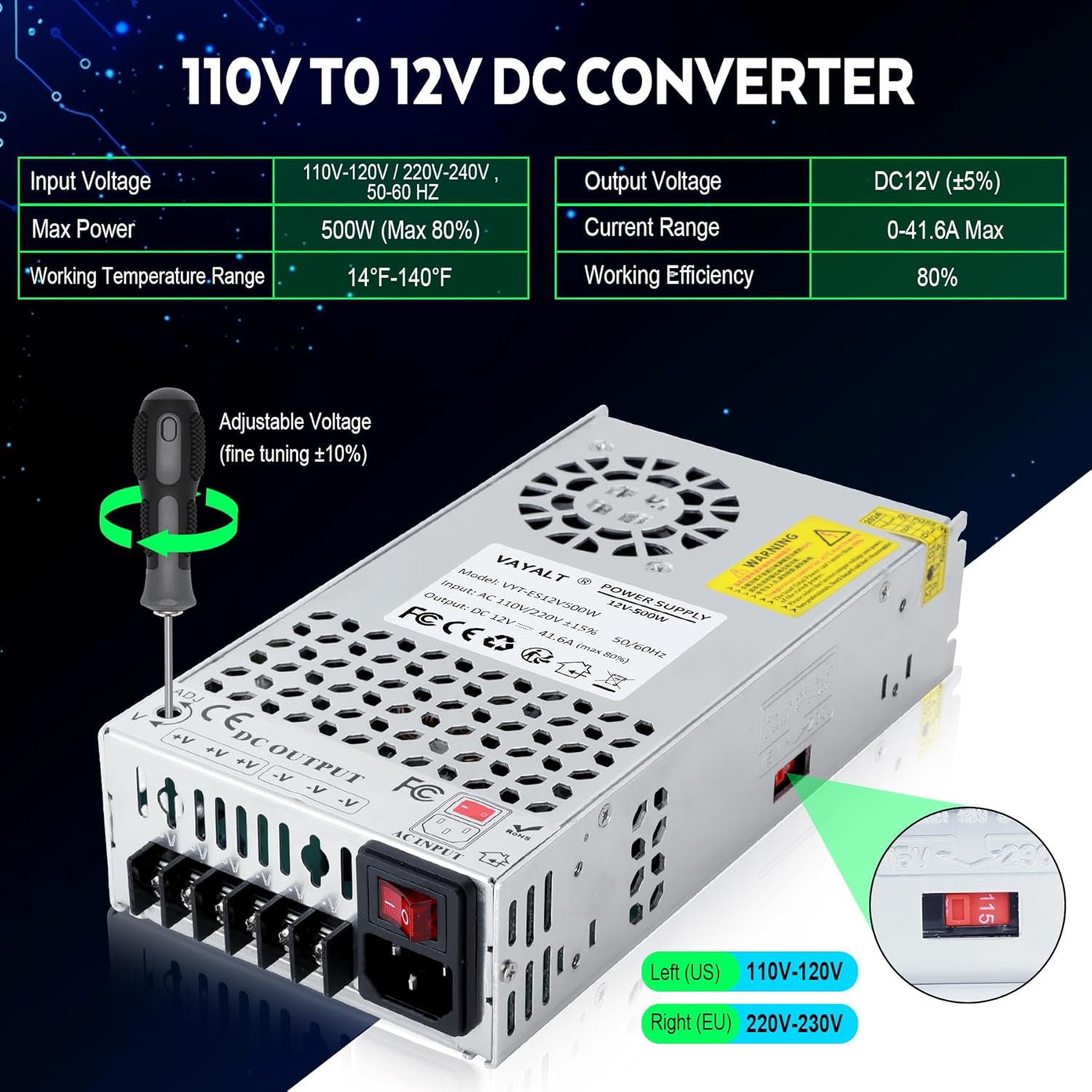 VAYALT DC 12V 41.6A 500W Switching Power Supply, 110V/220 V Power Supply AC to DC Converter, Universal Regulated Switching,12V Power Supply for CCTV Camera System,3D Printer,Led Strip,Computer Project