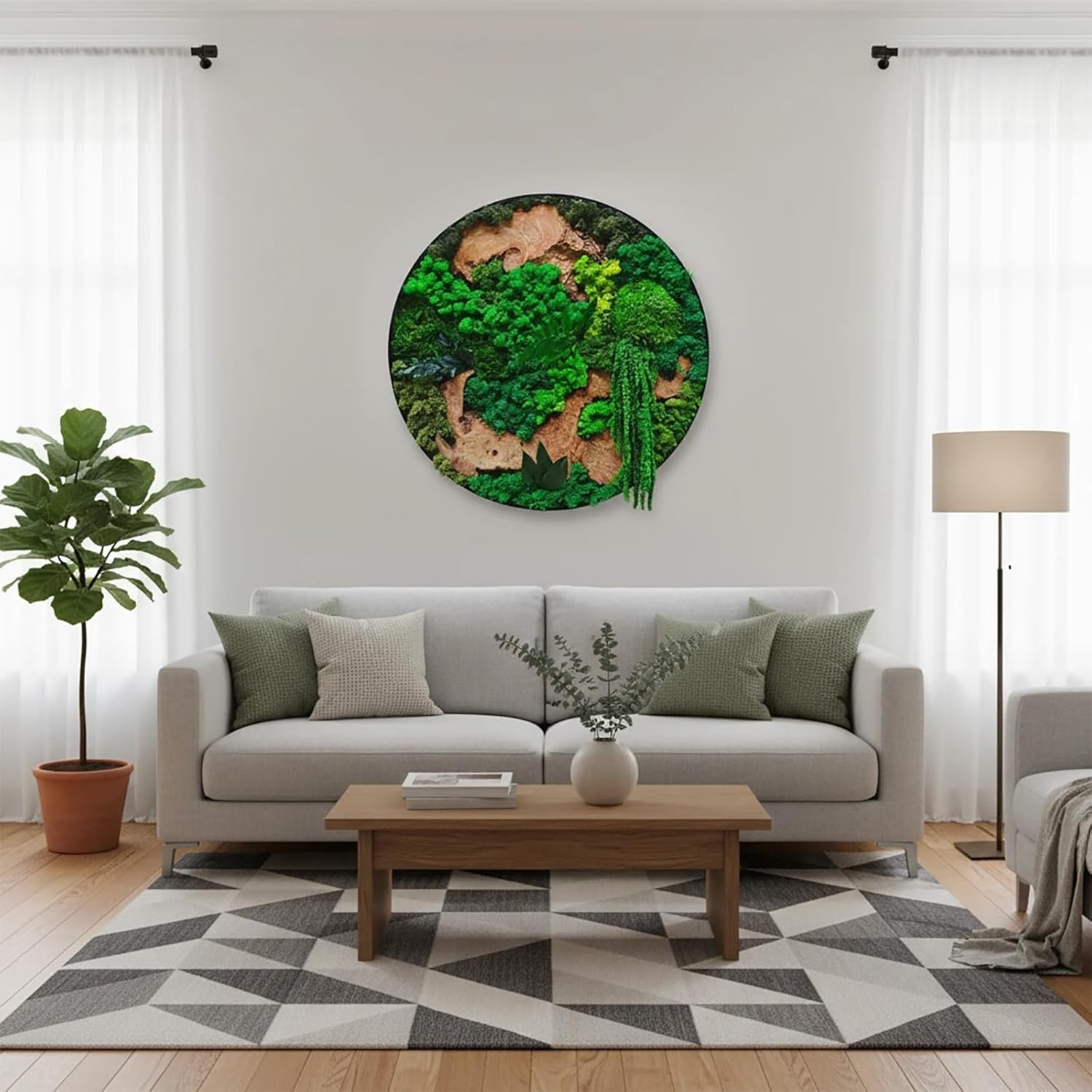 vadmepiop Natural Preserved Moss Wall Art with Real Wood Frame, Handcrafted Maintenance-Free Moss Wall Panel for Home Decor, Office, Restaurant, Bar & Cafe (Round, 15.75in)