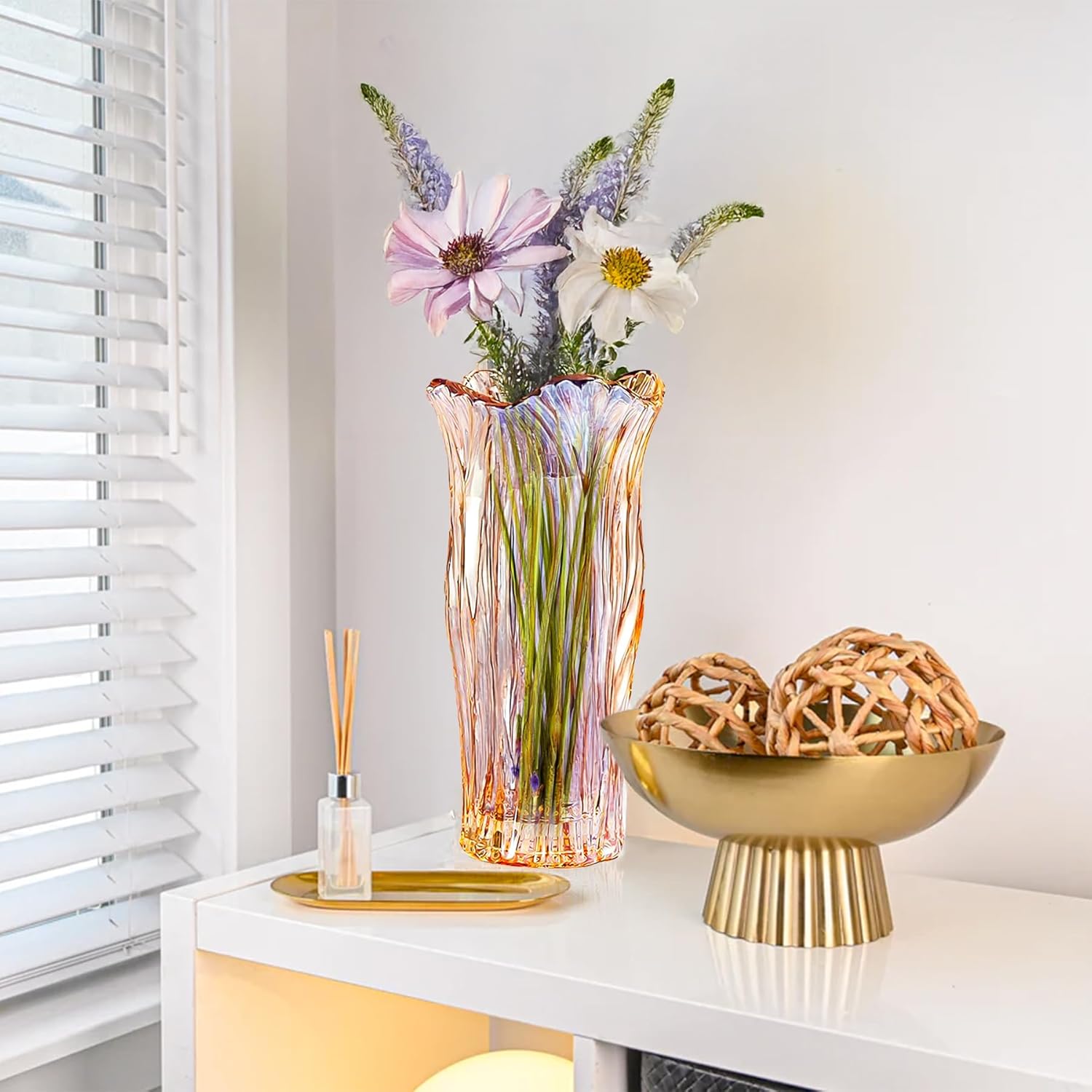 Glass Vase for Flowers, Gold Amber Clear Glass Vases for Centerpieces, Crystal Vase for Home Table Flower Decor 9.1 inches Tall