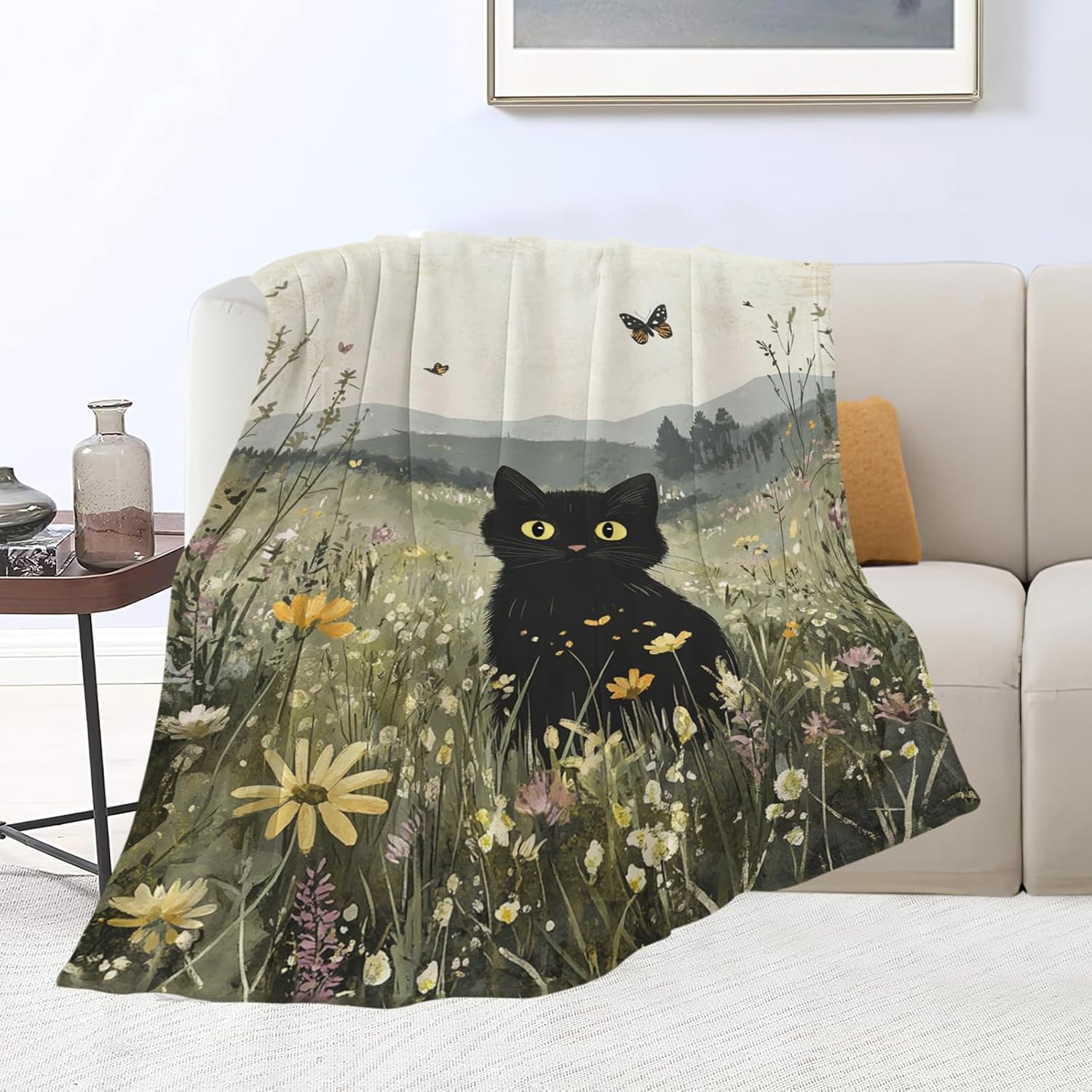 Black Cat Blanket Floral Wildflower Kitten Throw Blankets Gifts for Girls Boys Kids Cat Lover Soft Cozy Fleece Plush for Couch Sofa Bed 80"x60"