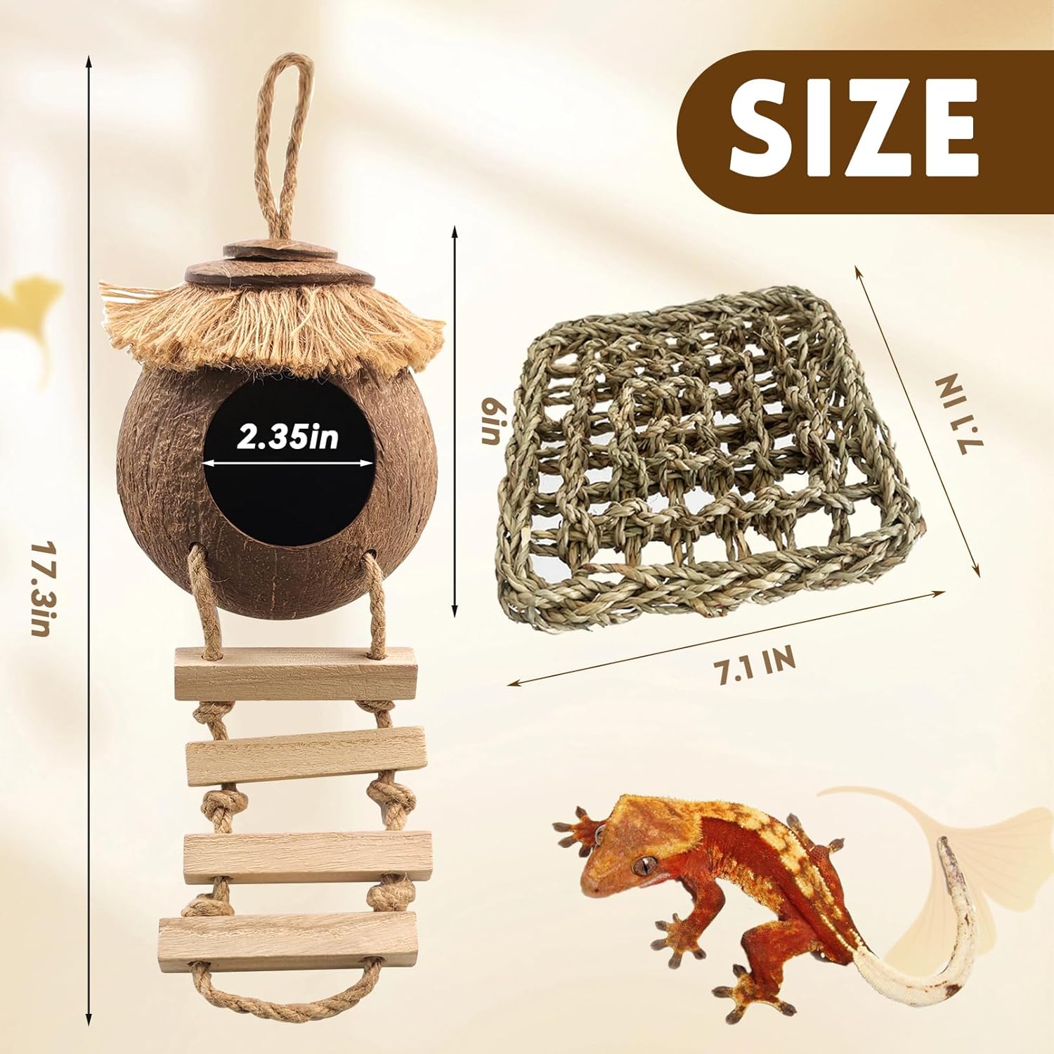 Crested Gecko Tank Accessories Coconut Hide with Ladder,Leopard Gecko Coconut Hut Hideout Hanging Lizard Seagrass Hammock Dragon Cage Lounger Jungle Vine Flexible Leaves Reptile Tank Decor