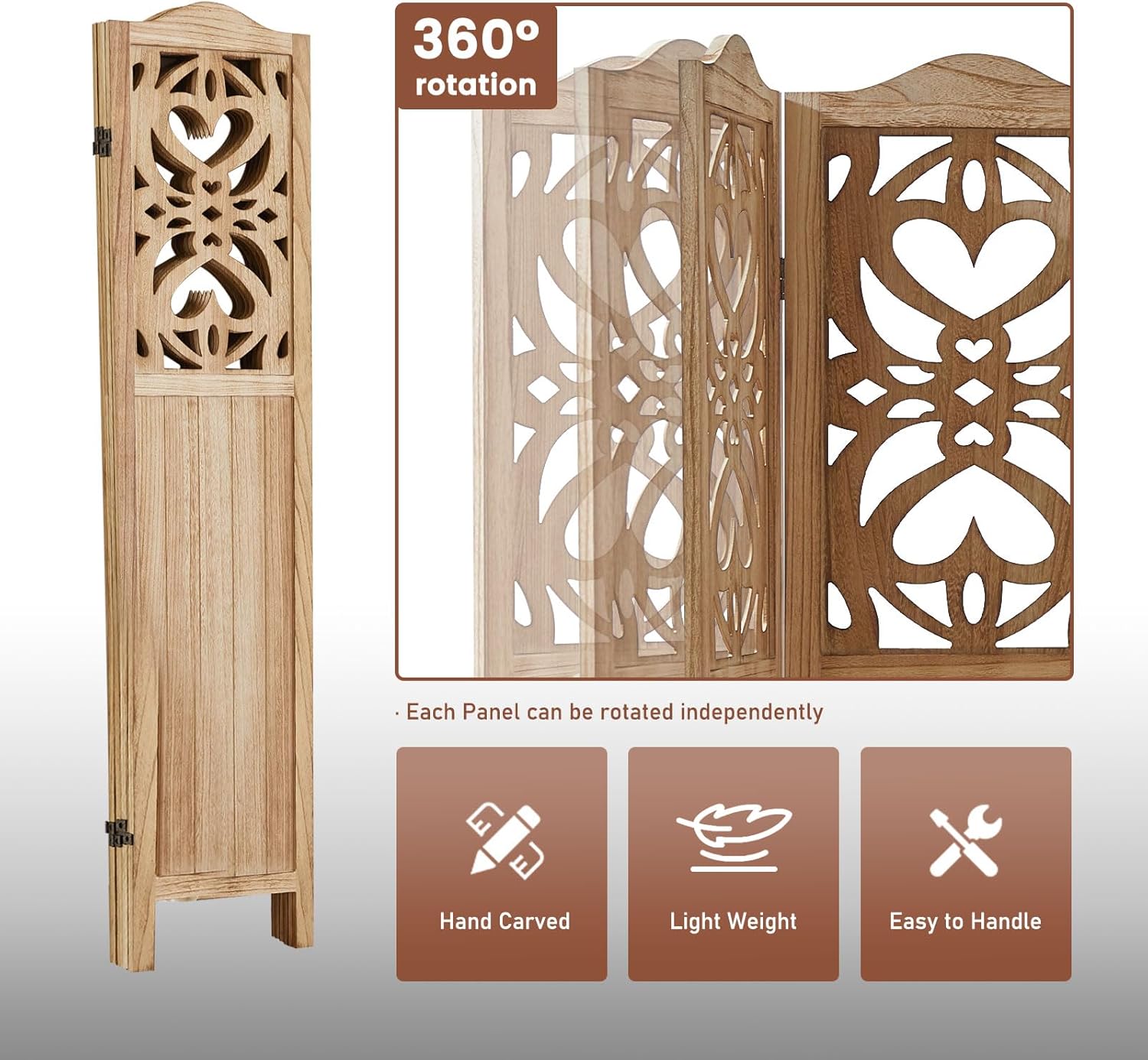 4 Panel Room Divider Fully Assembled, Carved Room Dividers and Folding Screens, 5.6Ft Wood Room Divider Screen Freestanding Partition Wall Dividers for Home Bedroom Office, Rustic Wood Color