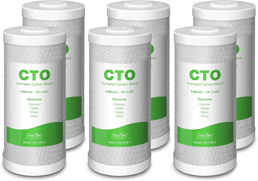 SimPure Whole House Water Filter Cartridges 5 Micron 10" x 4.5" CTO Activated Carbon Block, For DB10P, DB10C-2, GE GXWH40L, GXWH35F, BB10, FXHTC, FC15B, 6 Pack