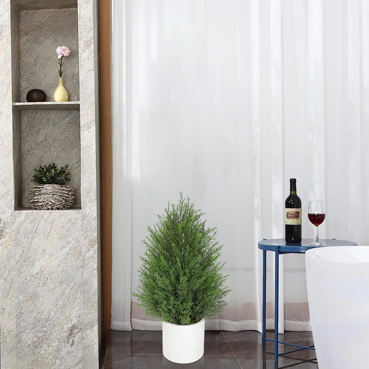 Briful 27” Artificial Cedar Topiary Tree in White Planter, 2PCS – Realistic Faux Evergreen Faux Floor Plant with Layered Leaves, Decorative Indoor Outdoor Potted Shrub for Home, Office, Patio, Porch