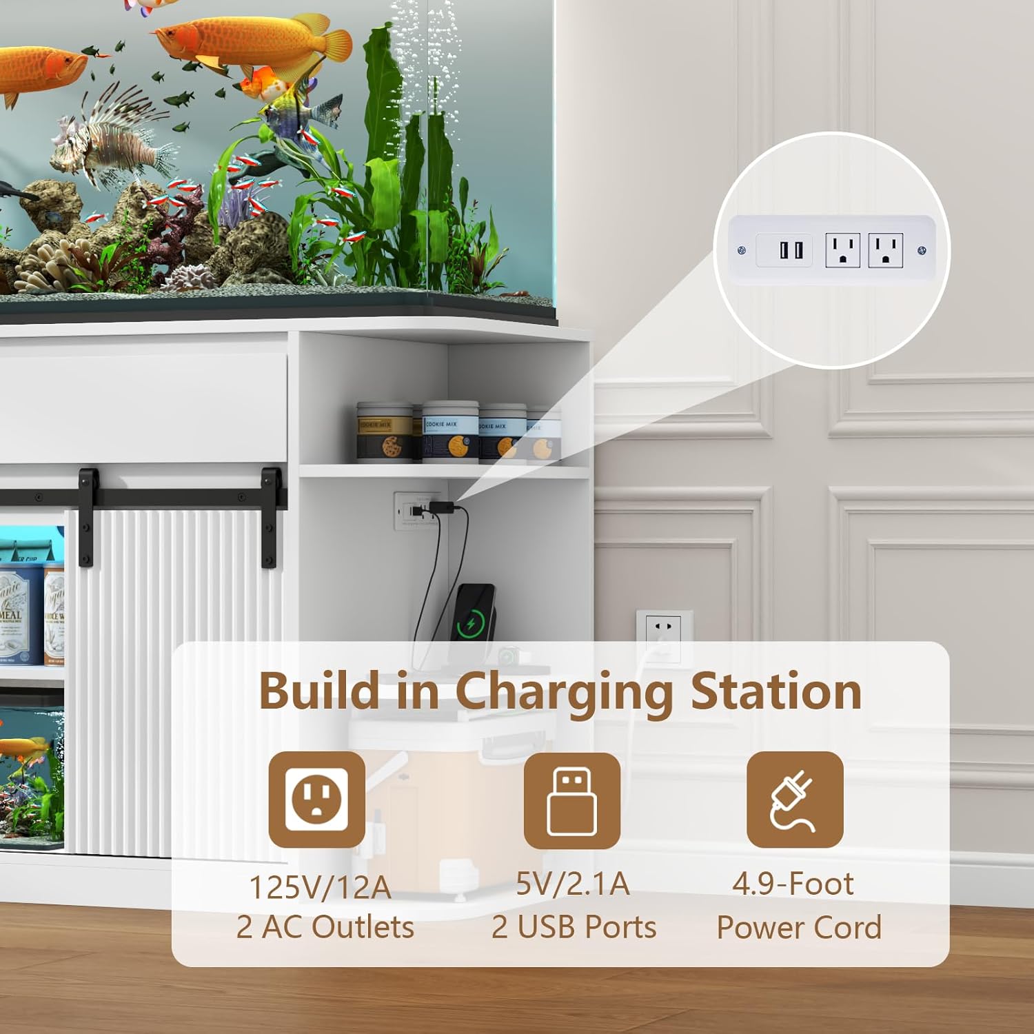 75-120 Fish Tank Stand with Power Outlets, Heavy Duty Aquarium Stand with LED Lights and Sliding Fluted Doors, White Storage Cabinet with 2 Large Drawers for Fish Tank, 1000 LBS Capacity
