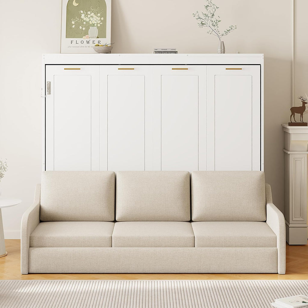 Full Horizontal Murphy Bed with Sofa and Storage Shelves,LED Light,Solid Wood Space Saving Hideaway Murphy Wall Bed with Couch and Storage for Adults (Beige,Full)