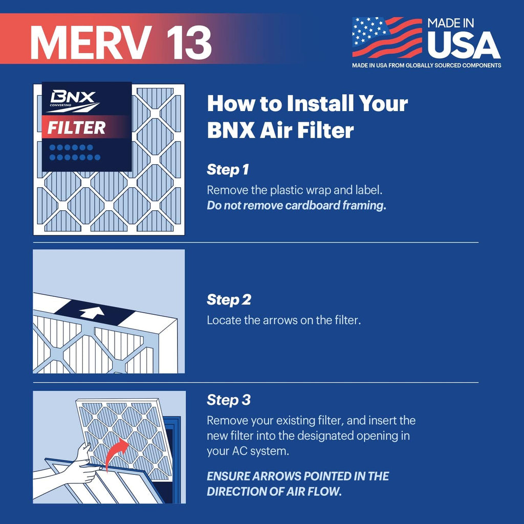 BNX TruFilter 20x25x1 MERV 13 (12-Pack) AC Furnace Air Filter - MADE IN USA - Electrostatic Pleated Air Conditioner HVAC AC Furnace Filters - Removes Pollen, Mold, Bacteria, Smoke