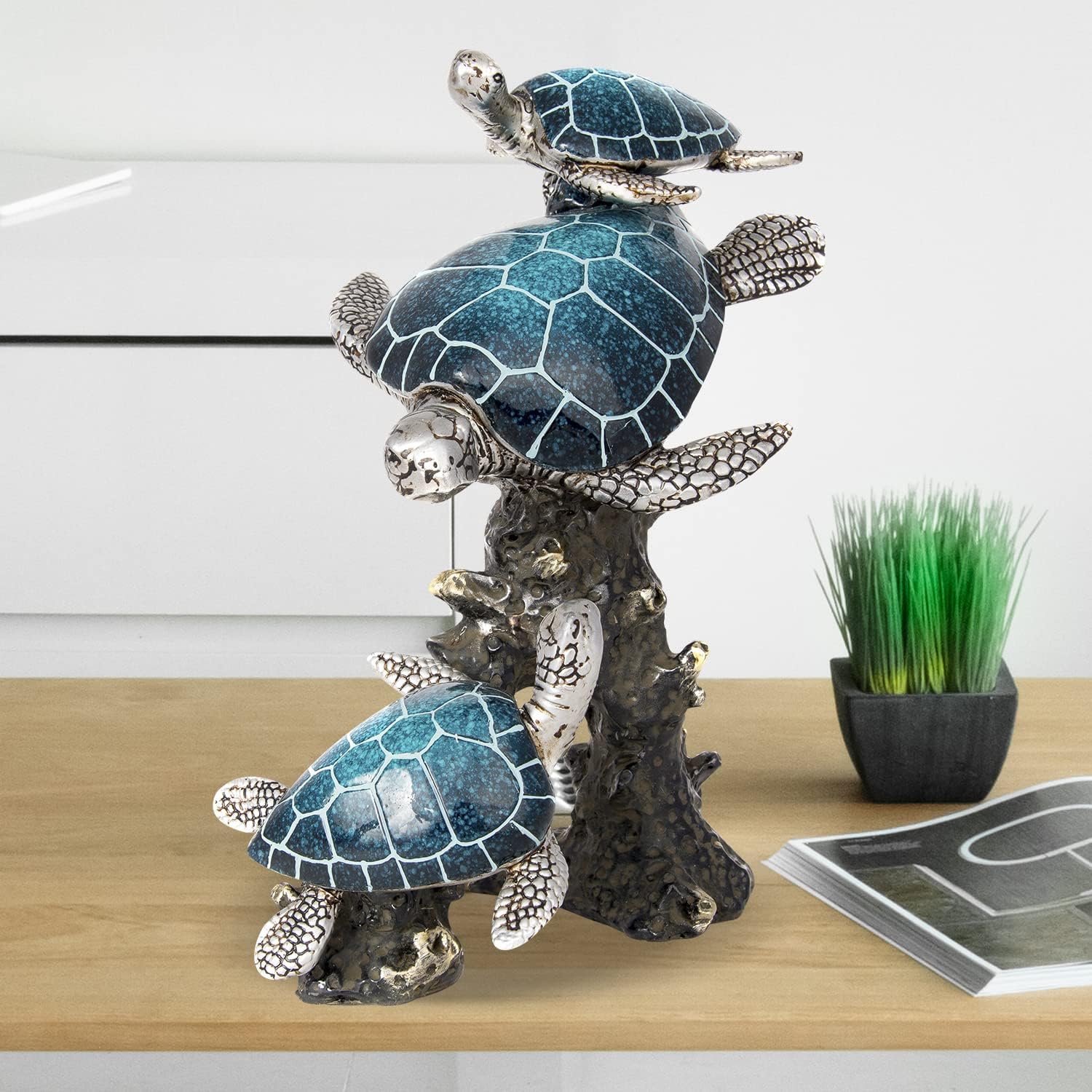 Triple Sea Turtle Statue – Ocean Decor Figurine with Coral Reef Base | Coastal Tabletop Accent in Bronze, Silver & Pacific Blue | Beach House Nautical Room Decoration (9.5" x 7.25")