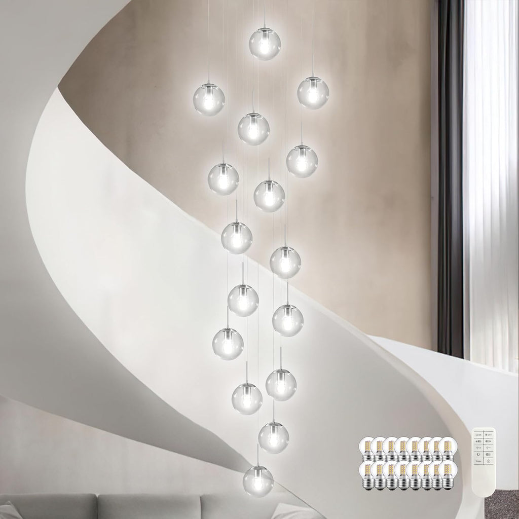 KoKo&Yukina 16-Light Nickel Mid Century Modern Chandelier for Living Room Staircase Chandelier for Entryway Clear Globe Glass Chandelier High Ceiling Chandeliers Foyer Entryway (Bulb & Remote Incl.)