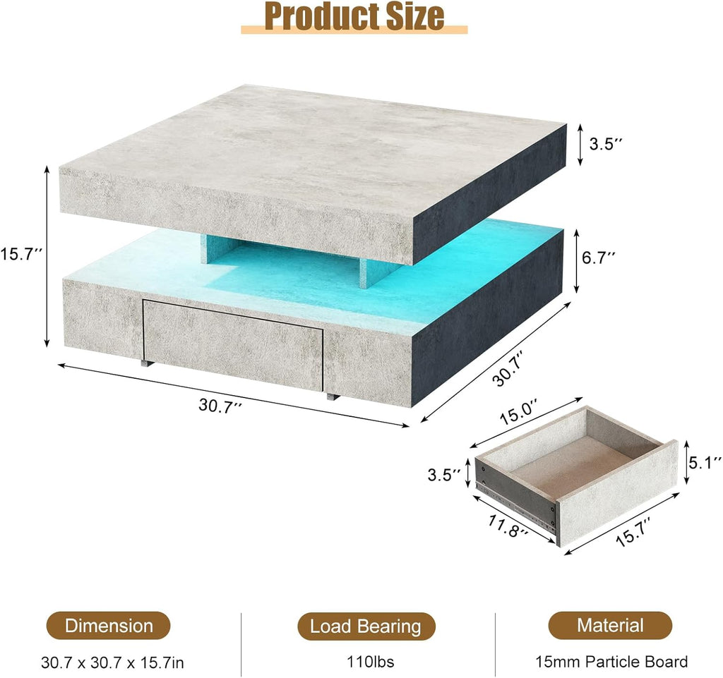 Grey LED Coffee Table with 2 Storage Drawers for Living Room Square Center Middle Table Modern Cocktail Table with Light 2-Tier Tea Tables Contemporary Mid Century Wood Home Office Waiting Room