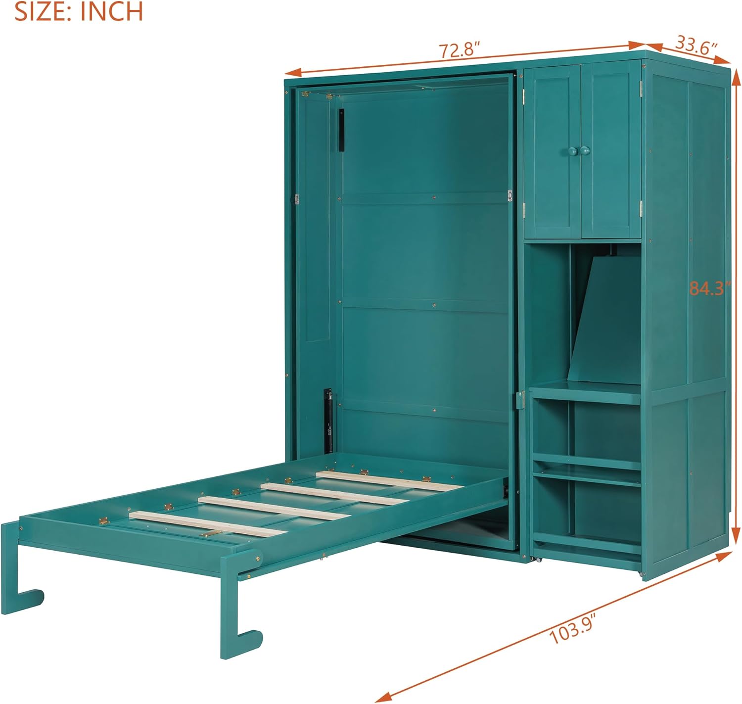 MERITLINE Twin Murphy Bed with Storage Bookcase Bookshelf, Extendable Desk and Cabinet, Wood Rotatable Hidden Murphy Bed with Desk and Shelves,for Adults (Teal)
