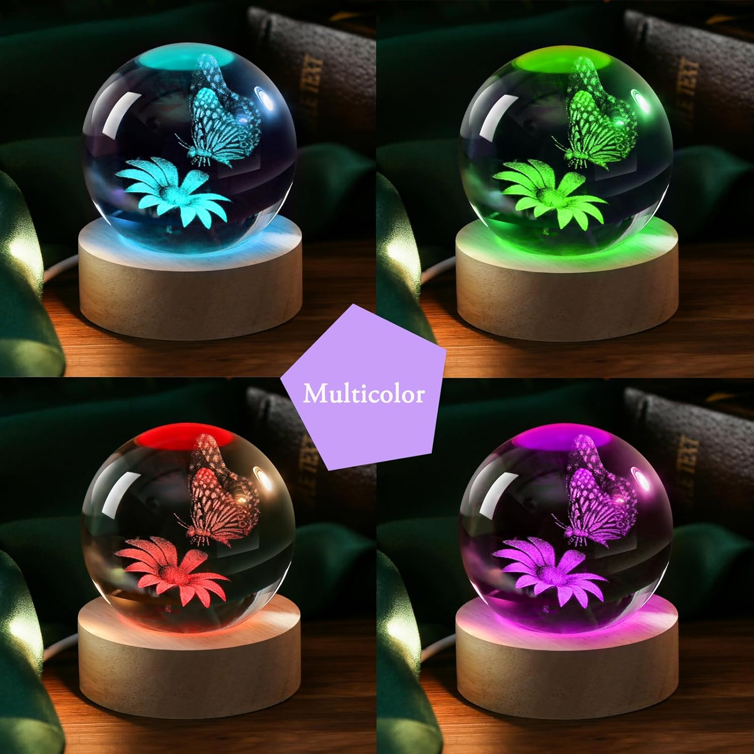 IFOLAINA 3D Butterfly Crystal Ball 60mm Gifts Ideas for Girlfriend Wife Mom Couple Her Christmas Butterfly on Sunflower in Glass Ball with Multicolor Lighting Base