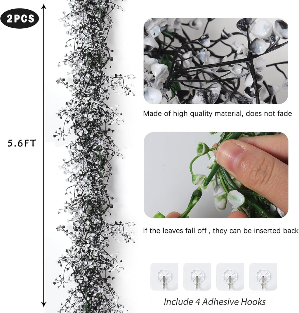 RECUTMS Black Garland Artificial Hanging Plants 2Pcs 5.6Ft Black Fake Garland Plant Greenery Faux Ferns Leaves Ivy Wreath for Halloween Thanksgiving Party Outdoor Indoor Garden Decor(Black White)