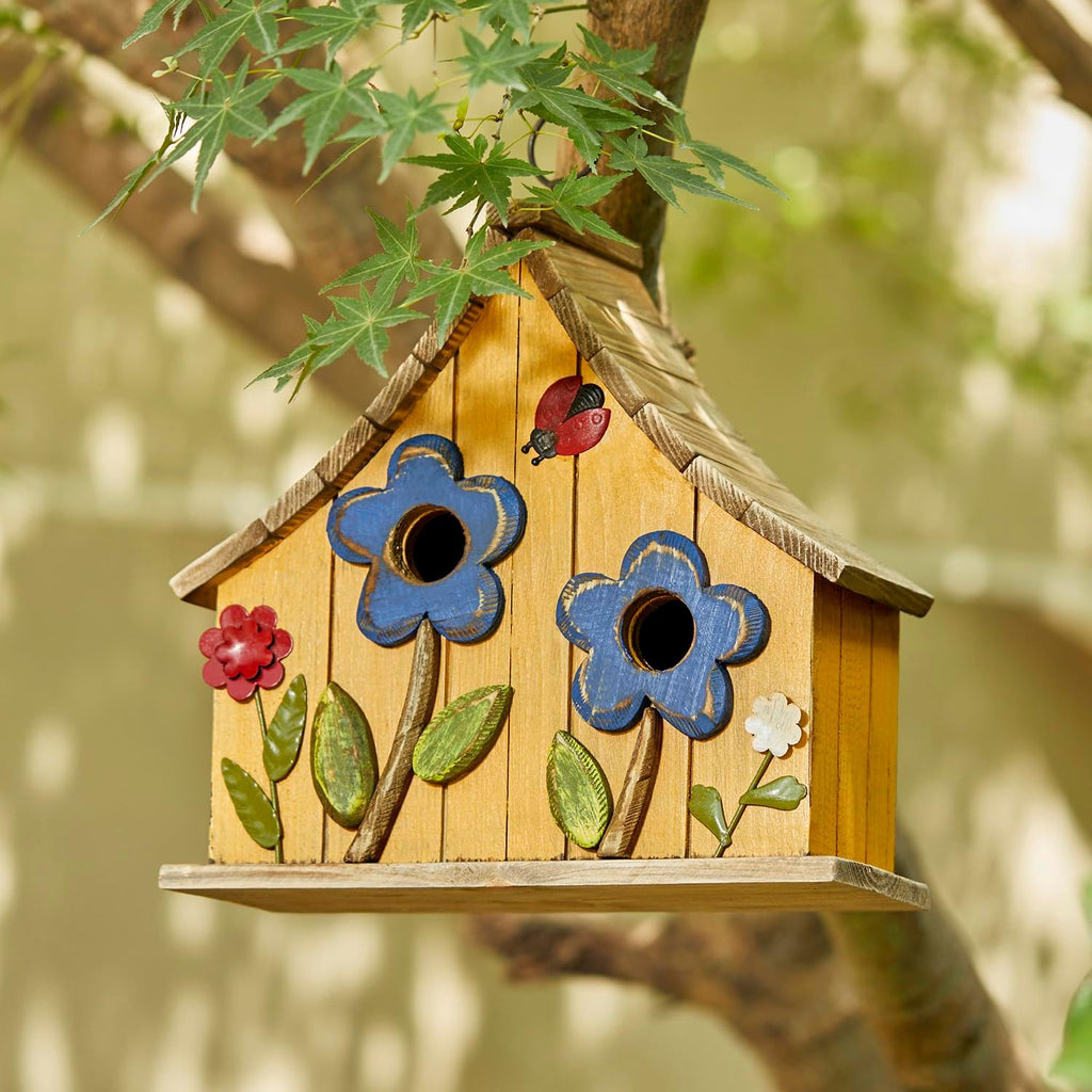 Glitzhome 10.75" L Distressed Solid Wood Hanging Birdhouse with 3D Flowers Rustic Two-Story Townhouse Hand-Painted Garden Bird Houses for Outdoors,Washed Yellow