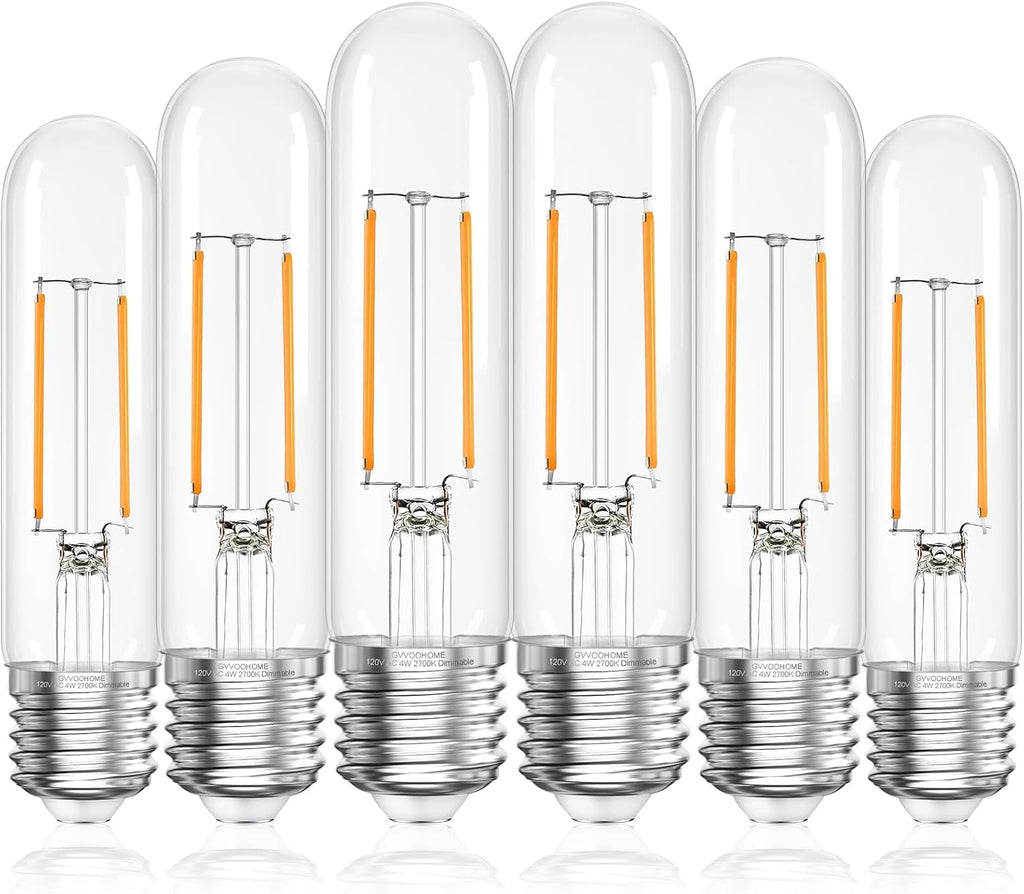 Tubular LED Edison Bulb Dimmable 2700K Warm White, 4W, 40 watt Equivalent, E26 LED Light Bulbs, T10 Edison Bulbs for Chandeliers, Ceiling Fan, 90+CRI 400LM, 6 Pack