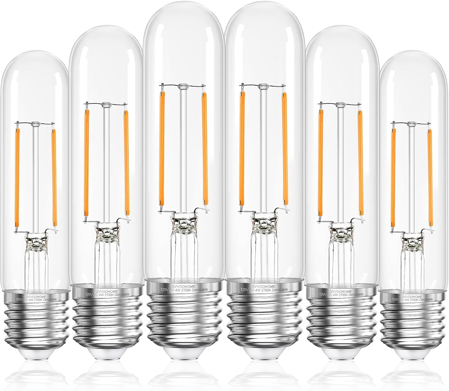 Tubular LED Edison Bulb Dimmable 2700K Warm White, 4W, 40 watt Equivalent, E26 LED Light Bulbs, T10 Edison Bulbs for Chandeliers, Ceiling Fan, 90+CRI 400LM, 6 Pack