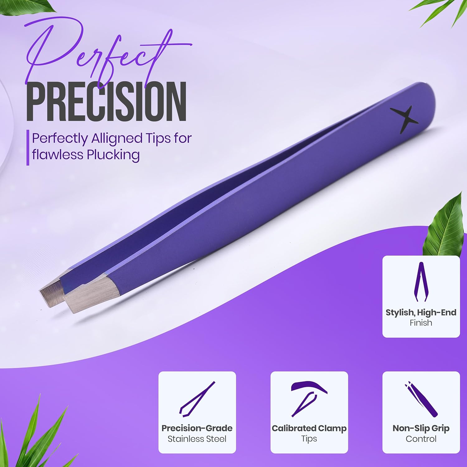 Slanted Stainless Steel Tweezers for Men & Women - Precision Eyebrow Tweezers for Facial Hairs, Strong Grip, Fine Tip, Professional Tweezer for Plucking & Grooming (Purple)